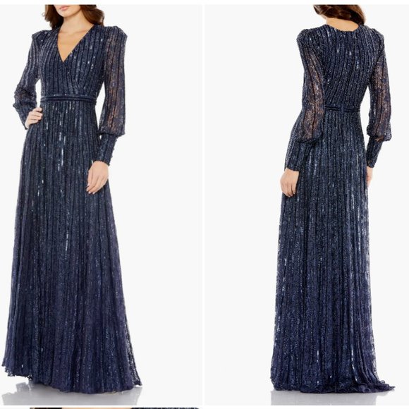 MAC DUGGAL 93679 BEADED LACE LONG SLEEVE WRAP OVER MIDNIGHT NAVY GOWN sz 18 - Picture 1 of 3